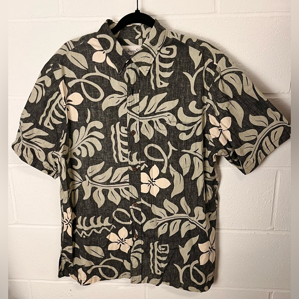 Vintage Tropical Shirt, Cream and Sage Leaf Print Design, Men’s L